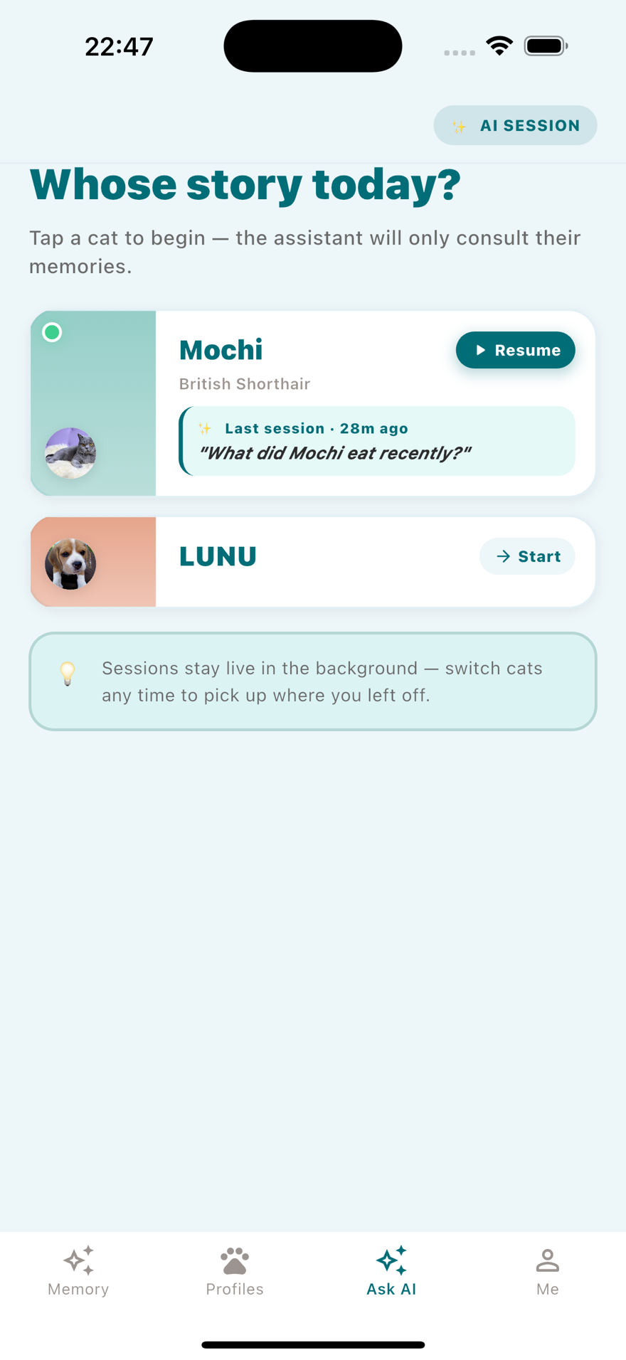 The PurrSafe Ask AI screen, headed “Whose story today?”, listing Mochi with a resumable session and LUNU with a start button.
